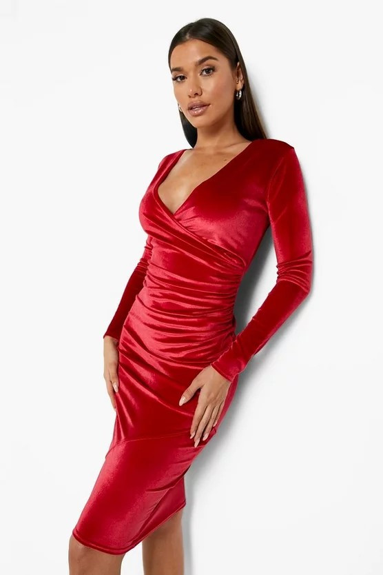 Velvet Wrap Long Sleeve Midi Dress | Boohoo.com (US & CA)