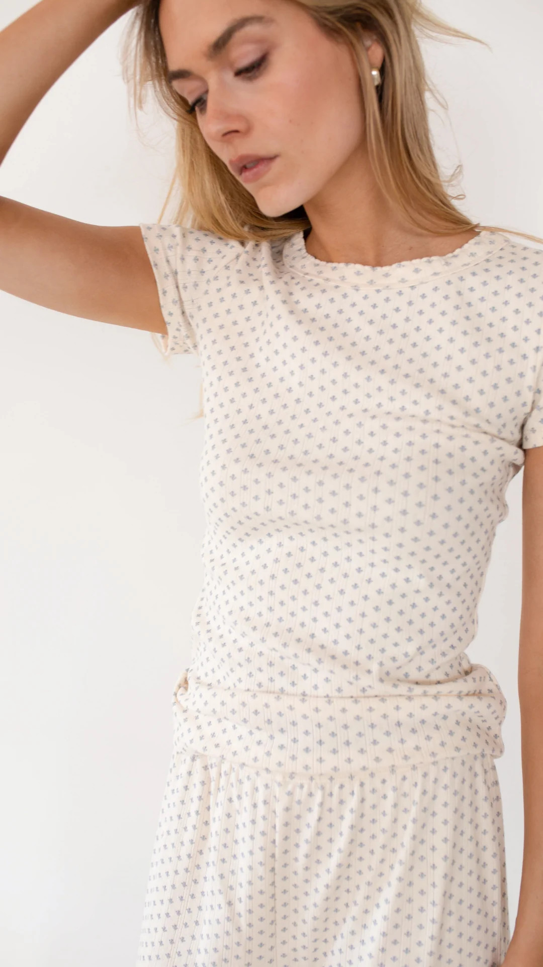 Pointelle Short Sleeve Crewneck - Ivory/Blue Marea Flower | Marea