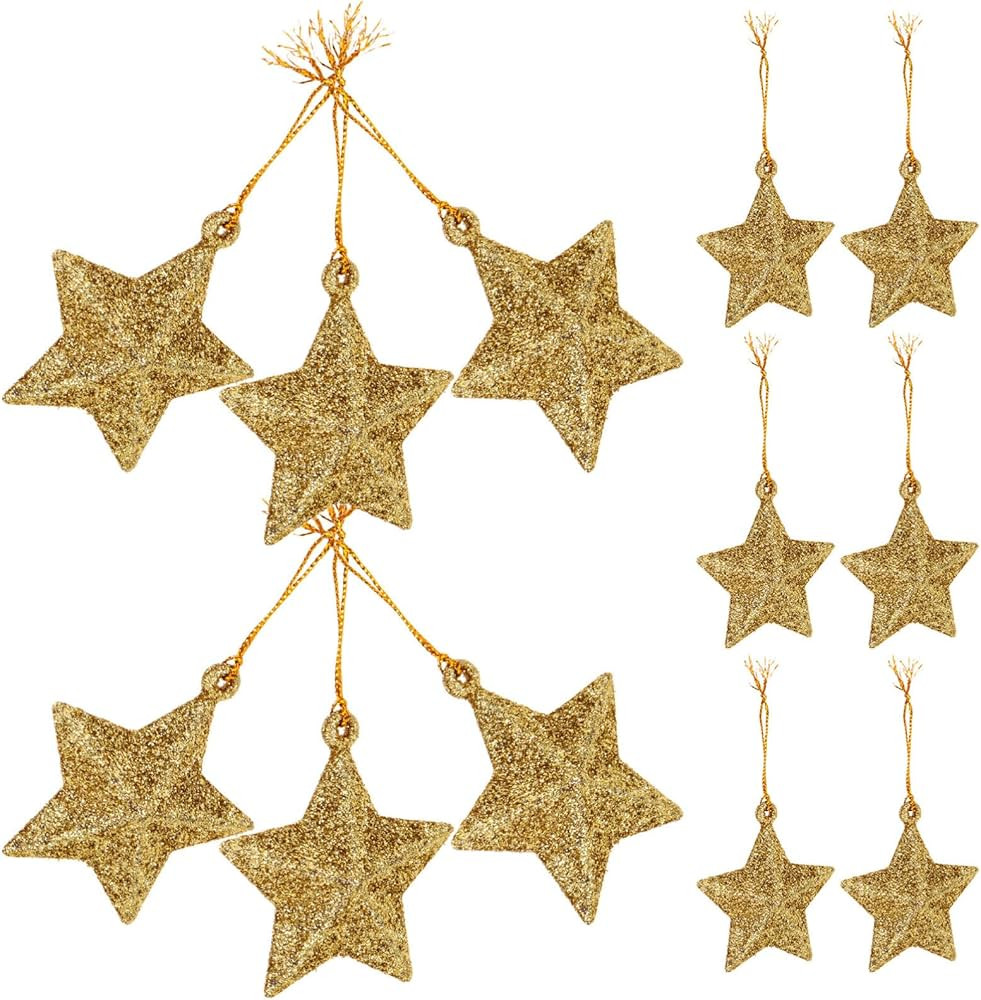 24Pcs Gold Glitter Star Ornaments Christmas Tree Mini Star Hanging Decoration Plastic Glitter Sta... | Amazon (US)