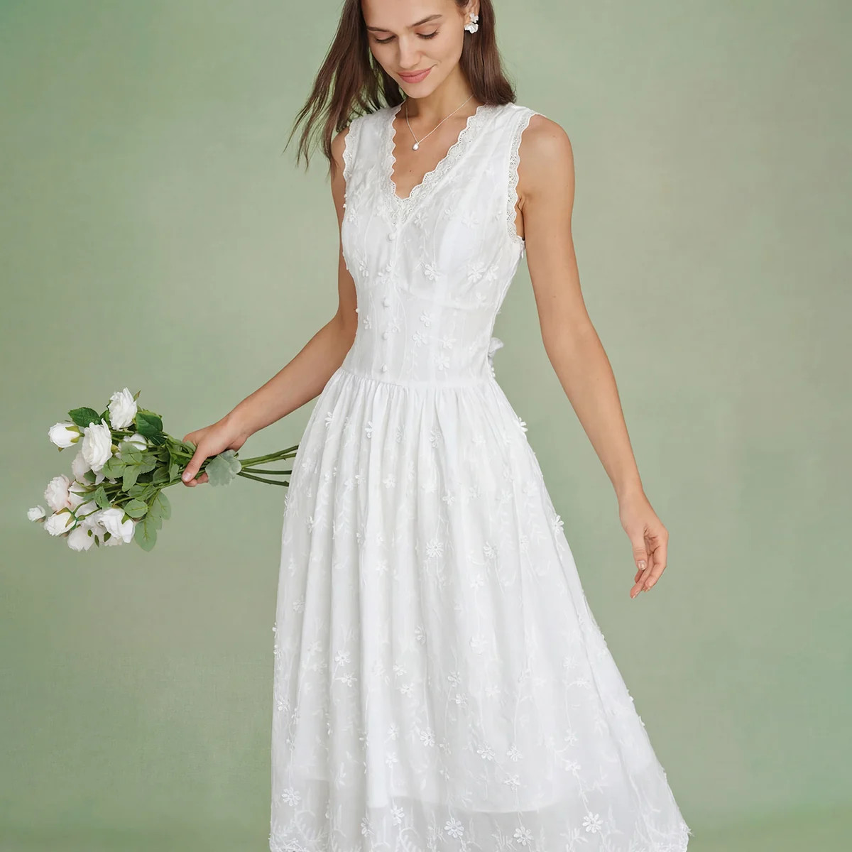 White V Neck Embroidery Midi Dress & Reviews - White - Dresses | RIHOAS | rihoas.com