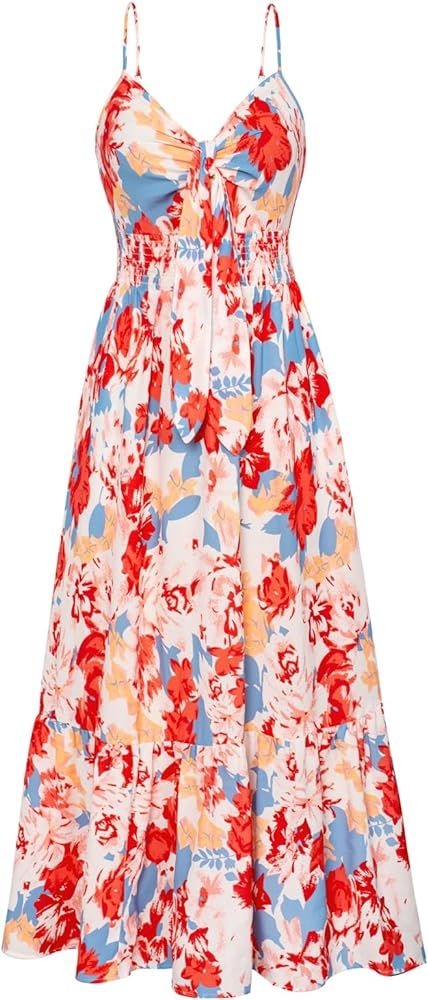 GRACE KARIN Women's 2024 Summer Beach Dress Floral V Neck Tie Front Spaghetti Strap Flowy Long Dr... | Amazon (US)