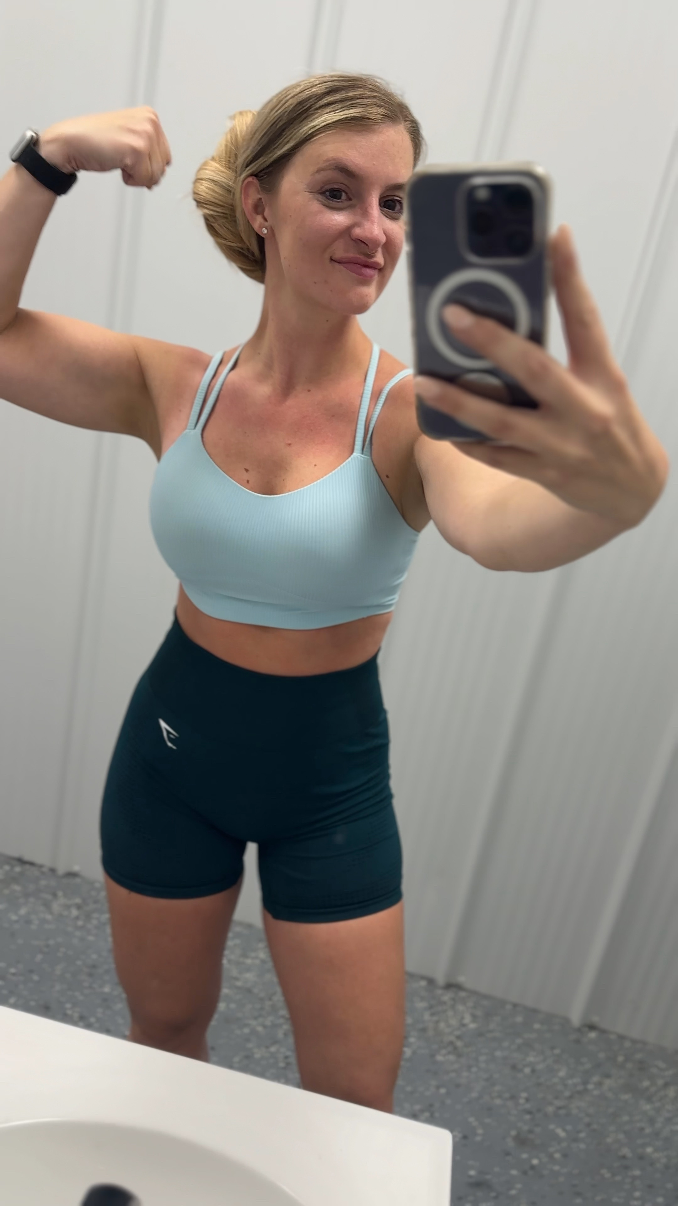 Love a monochrome moment with some color 🩵💙 in my favorite cloud Lululemon bra and Gymshark shorts for arm day and a jog!

#LTKFitness #LTKActive #LTKVideo