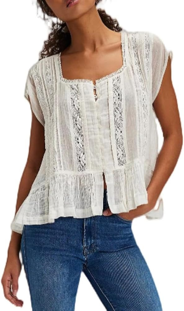 Lace Boho Tie Front Tops for Women Ruffle Trim Flowy Eyelet Babydoll Shirts | Amazon (US)