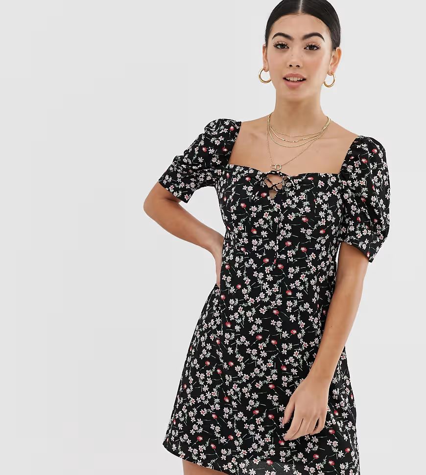 Fashion Union Petite square neck tea dress in floral-Black | ASOS (Global)