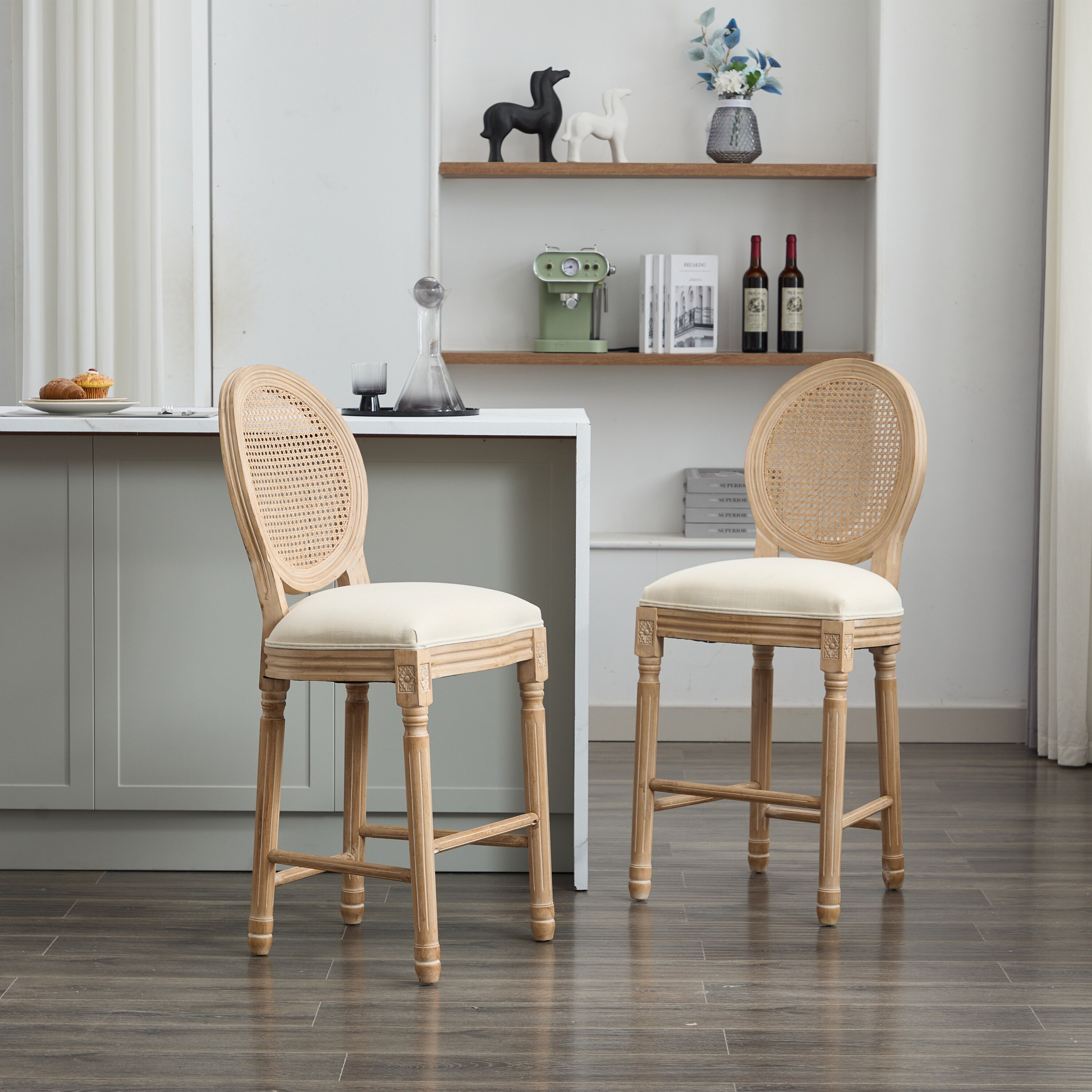 Solid Wood Bar stools Set of 2 Classic French Country Wooden Barstools with Upholstered Seating | Bed Bath & Beyond