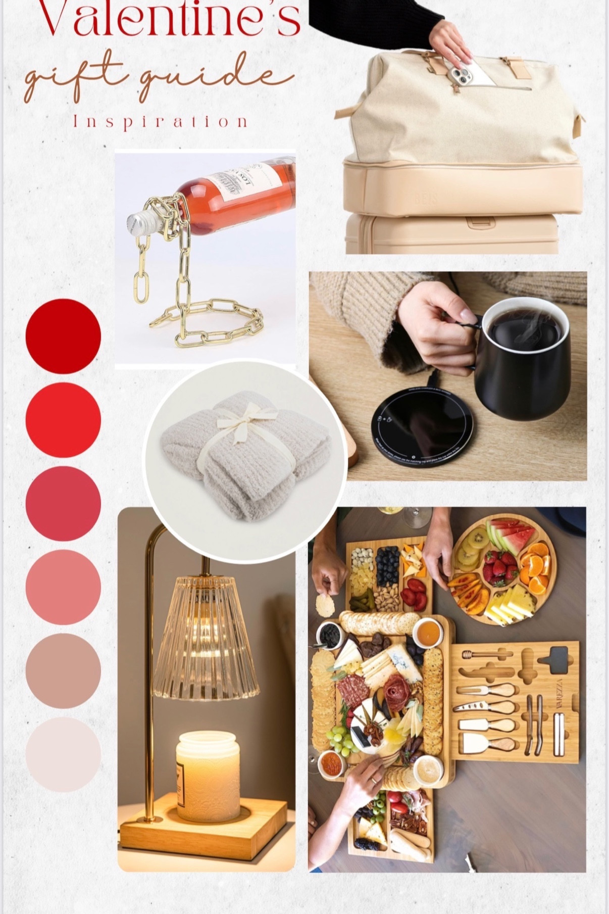 Valentine’s & Galentine’s Gift Guide ♥️

- Floating Wine Holder: Makes for a beautiful decor piece! Pair with her favorite bottle and you have such a unique gift.
- Weekender & Suitcase: My favorite travel set is aesthetically pleasing and convenient. I get so many compliments when I travel with this set.
- Blanket: I know what you’re thinking… that much $$ for a blanket? Yes! The SOFTEST fabric and a purchase you won’t regret.
- Coffee Warmer: Perfect for the office or remote girls! 
- Candle Warmer Lamp: This gift was a hit in my household this Christmas! A great decor piece and great for moody lighting. 
- Charcuterie Board: Perfect for the girl who loves to host or just needs a more unique board. I love all the attachments these boards come with! 


#LTKhome #LTKGiftGuide #LTKMostLoved