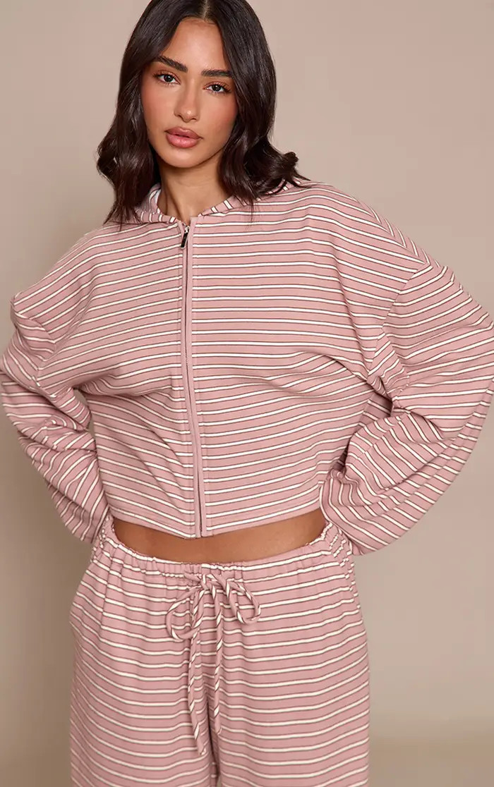 Petite Pink Striped Soft Fleece Zip Up Jacket | PrettyLittleThing UK