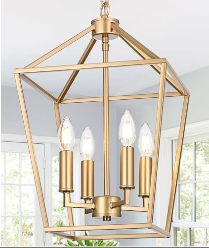 MELUCEE 4-Light Gold Farmhouse Chandelier Iron Lantern Pendant Light | Amazon (US)