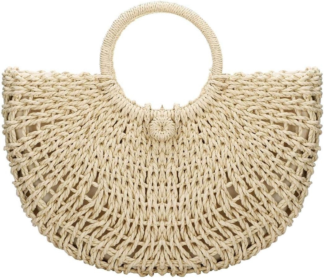 Gets Handwoven Rattan Top-handle Bag for Women Bohemian Round Straw Tote Bag Beach Large Carrying... | Amazon (US)