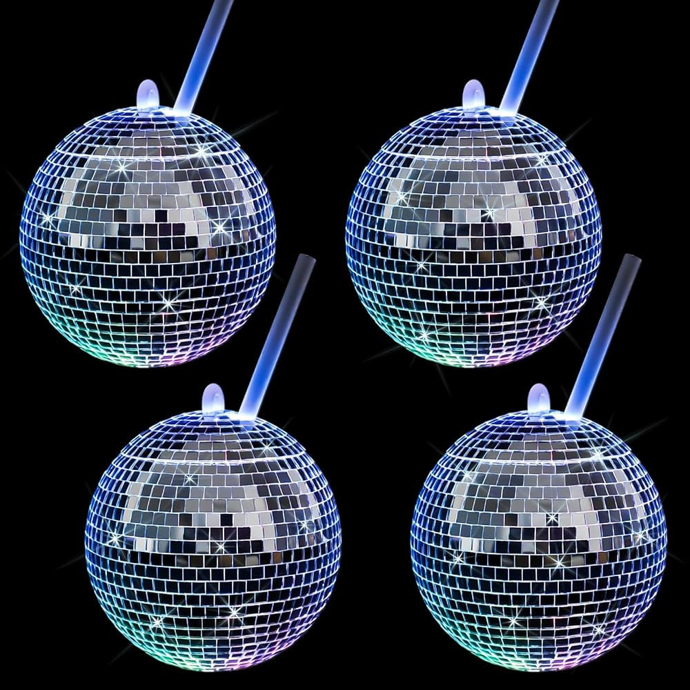LIANGMIDA 4 Pcs Disco Ball Cup with Lid and Straw LED Light up Disco Flash Ball Cocktail Cups Sil... | Amazon (US)