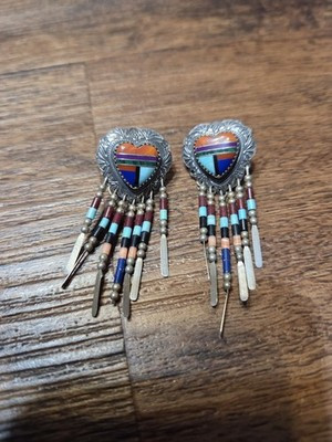 QT Native Turquoise Coral Inlaid Heart Sterling Silver Earrings | eBay US