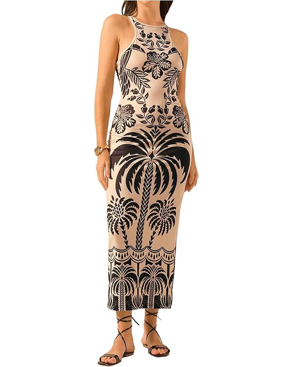 Women's Tropical Bodycon Tank Dress Elegant Summer Vacation Crewneck Split Thigh Long Maxi Dress ... | Amazon (US)