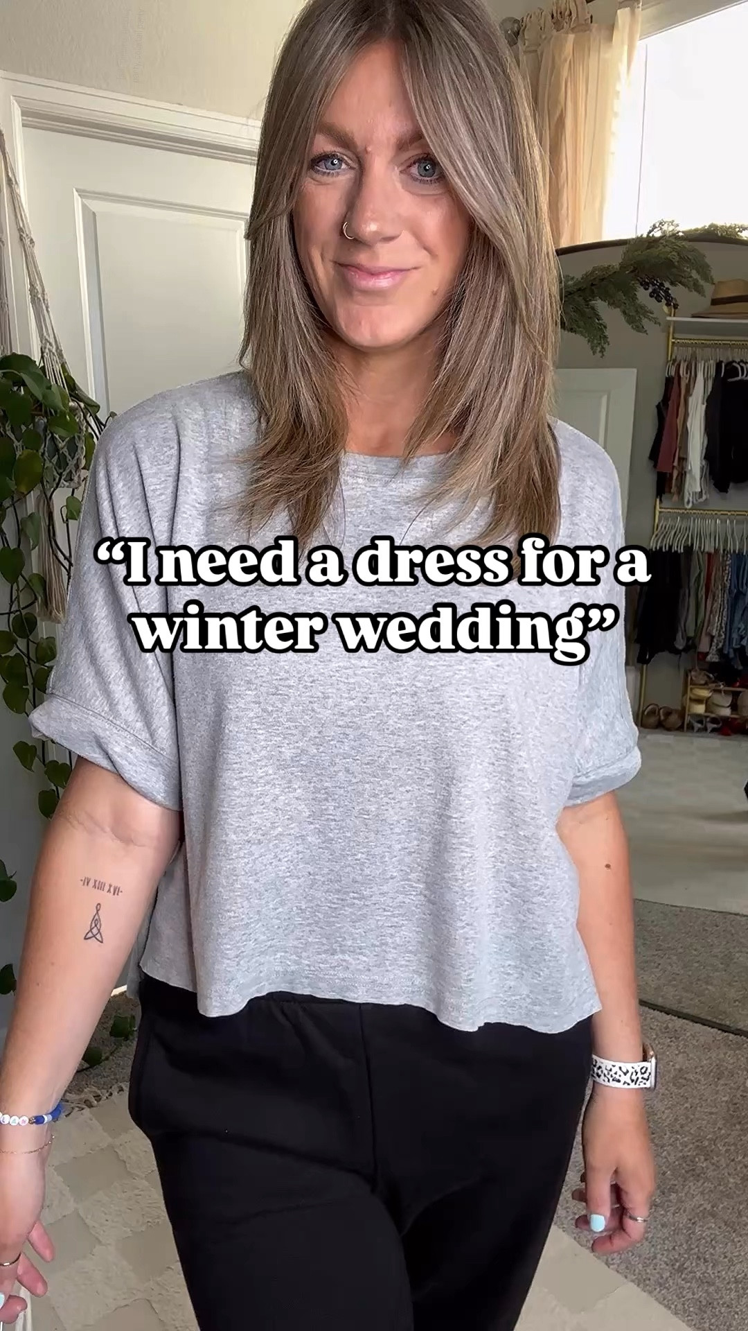 Winter wedding guest dress or holiday party dress

Grey tee - large
Sweatpants - medium tall
Tights - large
Dress - medium tall, 25% off and comes in 5 colors 
Shoes - 11
Coat - large tall 
Lip shade: buffed pink

#LTKWedding #LTKCyberWeek #LTKParties