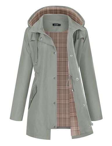 LOMON Women Rain Jacket Lightweight Hooded Jackets Women Lined Trench Coats Waterproof Outdoor Hiking Raincoat Grey S (Big Plaid Lining) | Amazon (US)