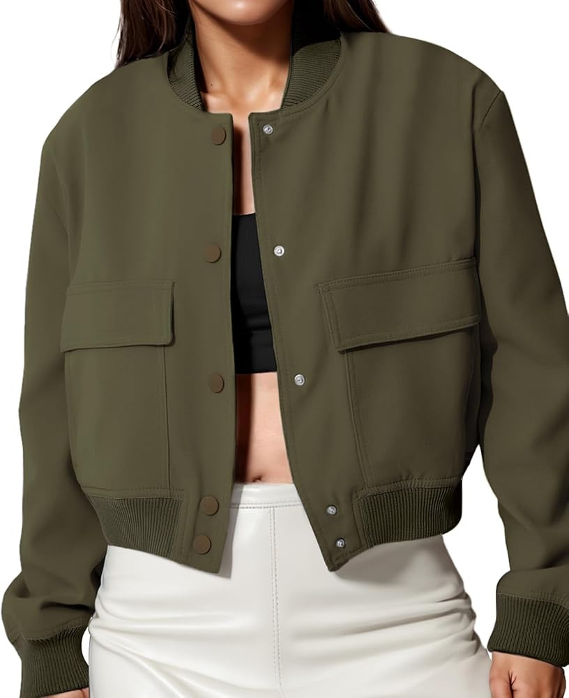 Modegal Women's Fall Varsity Bomber Jackets Long Sleeve Cropped Button Down Casual Coat with Pock... | Amazon (US)