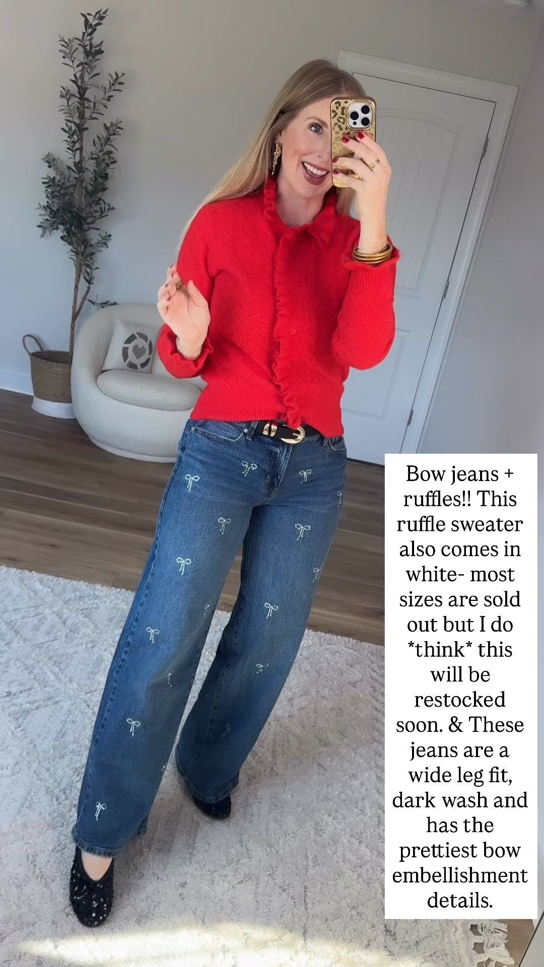 Walmart try on, Walmart outfit, free assembly, red ruffle sweater, bow jeans, embellished bow jeans
