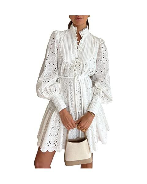 Aofur Summer Cotton V Neck Long Losse Sleeve Casual Party A-Line Dresses Embroidery Short Dress | Amazon (US)