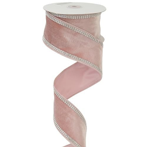 MEEDEE Dusty Rose Velvet With Rhinstone Edge Wired Ribbon 2.5 Inch Luxury Jeweled Ribbon 5 Yards Sparkling Rhinestone Trim For Christmas Tree, Garland, Wreaths, Holiday Home Decor, Wedding Decorations | Amazon (US)