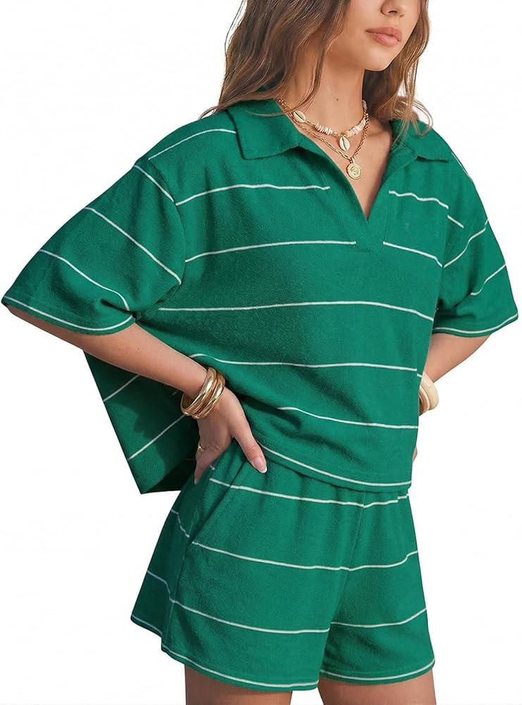 EXLURA Women Summer 2 Piece Outfits Faux Cashmere Sweater Knit Oversized Polo V Neck Top Matching... | Amazon (US)