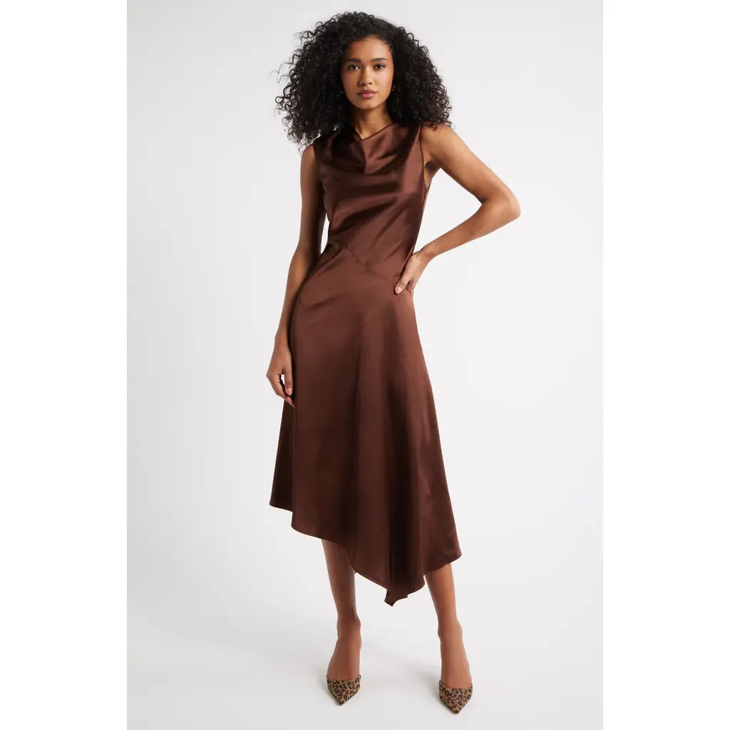 Open Edit Cowl Neck Asymmetric Satin Midi Dress in Brown Soil at Nordstrom, Size Xx-Small | Nordstrom