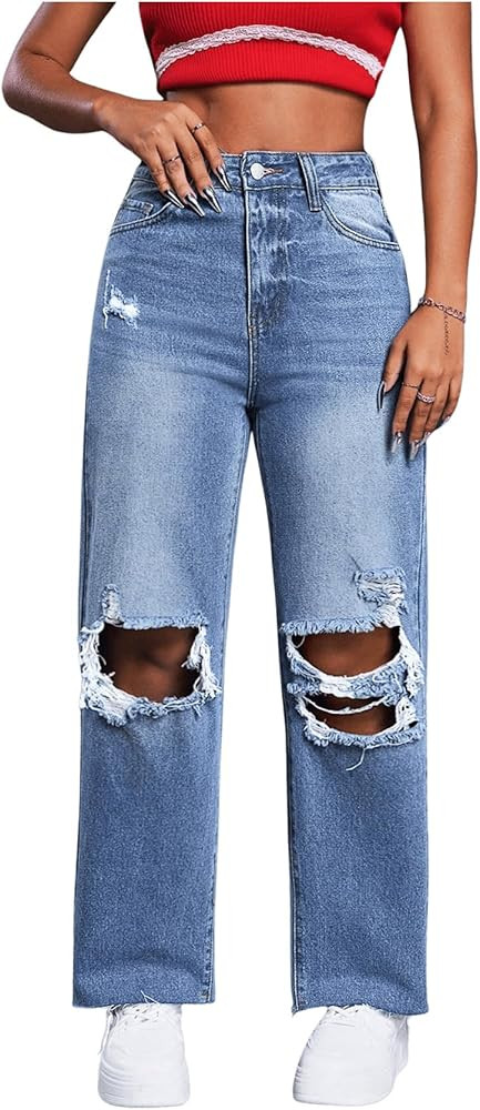 SweatyRocks Women's High Waist Ripped Distressed Cropped Jeans Straight Leg Denim Pants | Amazon (US)