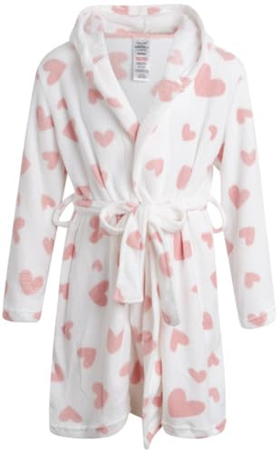 Rene Rofe Girls Robe - Cozy Warm Soft Fleece Hooded Belted Plush Dress Bath Robes for Girls with Holiday Prints, Size 7-8, Hearted White | Amazon (US)
