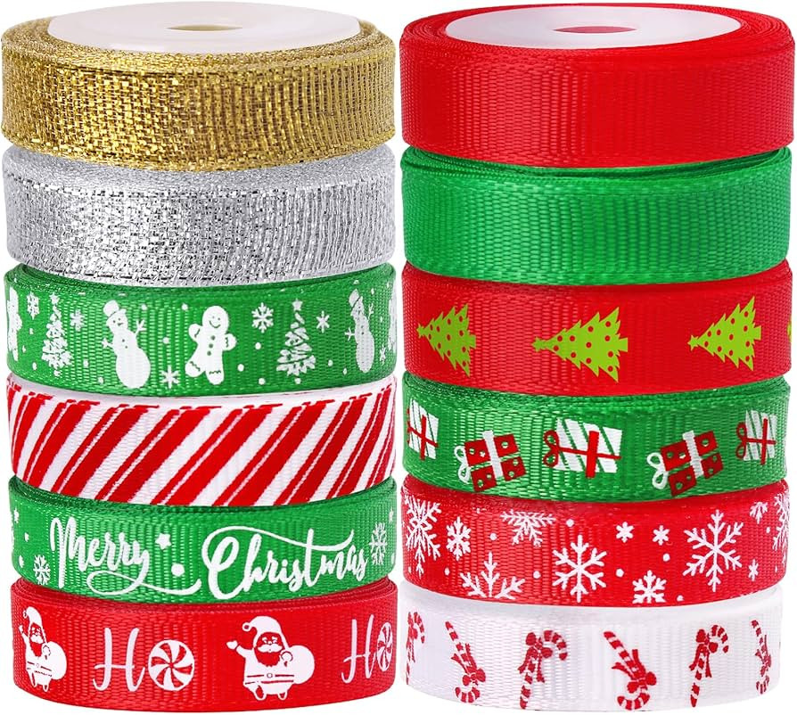 12 Rolls 60 Yards Christmas Ribbon for Gift Wrapping, 3/8 Inch Christmas Ribbon for Crafts, Glitt... | Amazon (US)