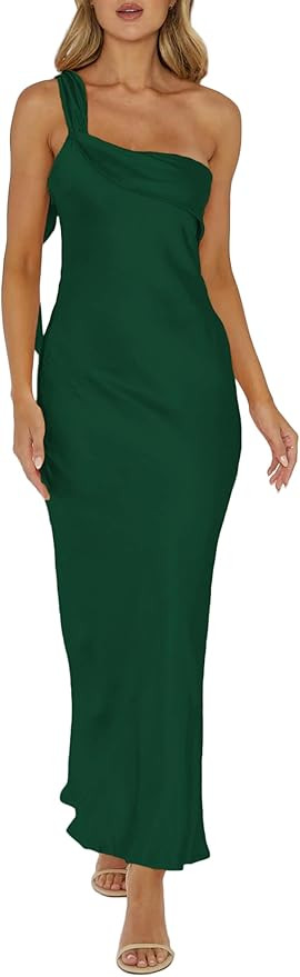 2026 Satin One Shoulder Maxi Dress for Women Summer Silk Formal Elegant Backless Ruffle Sleeveles... | Amazon (US)