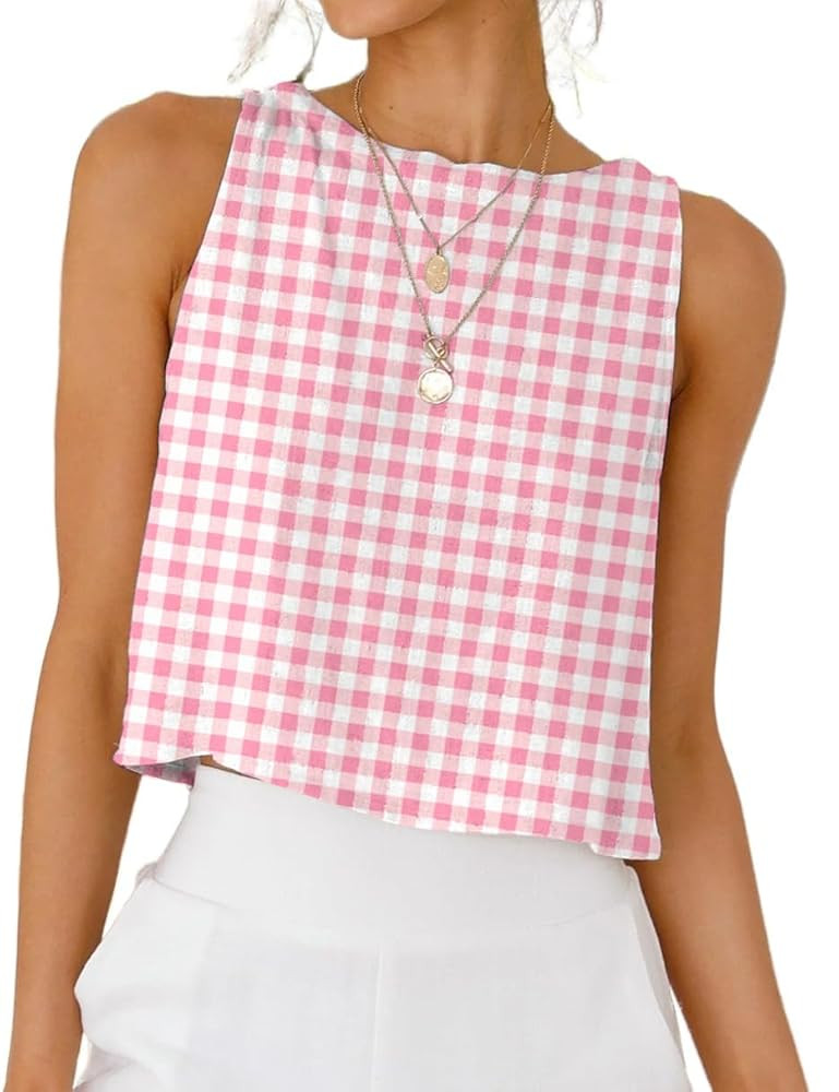IDEALSANXUN Womens Gingham Tank Tops Spring Summer Casual Crop Cotton Sleeveless Shirts Blouses | Amazon (US)