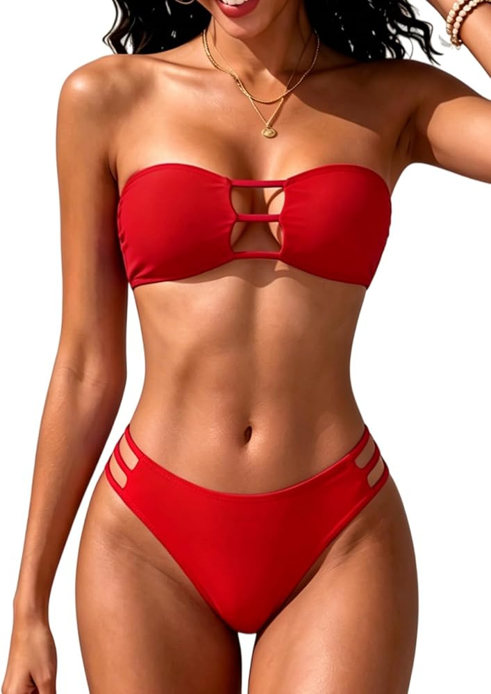 Tainehs Women's Two Piece Strapless Bikini Sets Bandeau Cutout Swimsuit High Cut Bathing Suits | Amazon (US)