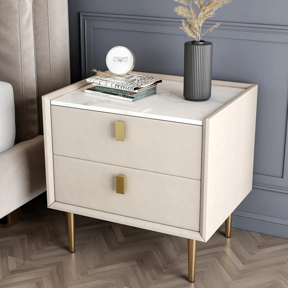 Modern 2 Drawers PU Leather Bedside Table Nightstand with Gold Metal Legs | Homary.com