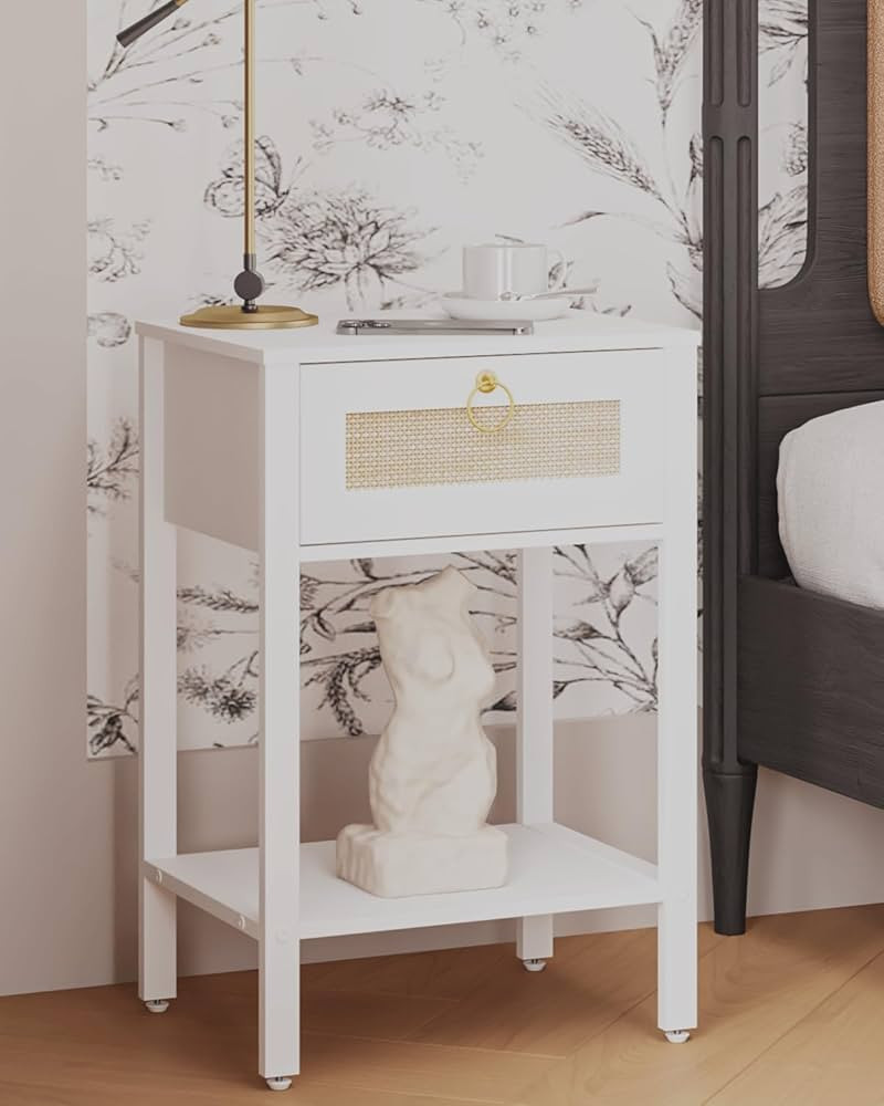 Rattan Nightstand，Modern Farmhouse Bedside Table with Storage Drawer and Shelf (White) | Amazon (US)