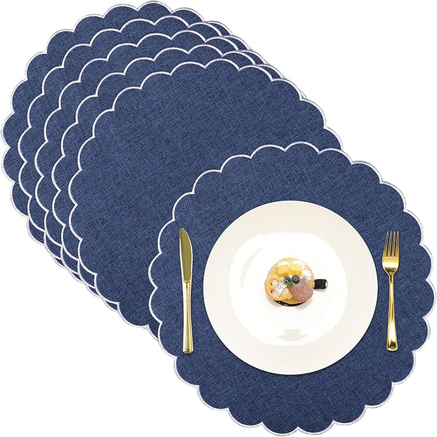 Set of 6 Round Placemats 15 Inch Cotton Scalloped Embroidery Placemat Washable Double Layered Rus... | Amazon (US)