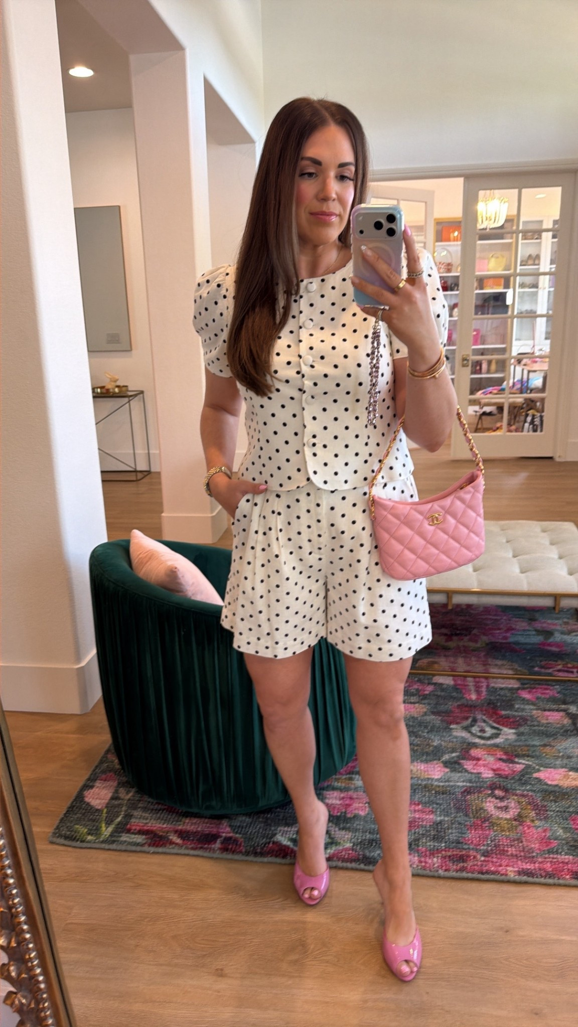 curvy midsize white and black polka dot set for spring! wearing size large in top and large in pleated shorts 

#LTKMidsize #LTKSeasonal