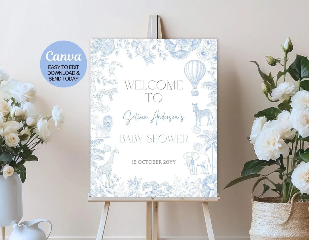 Editable Safari Toile De Jouy Baby Shower Welcome Sign, Dusty Blue Safari Baby Shower Decorations... | Etsy (US)