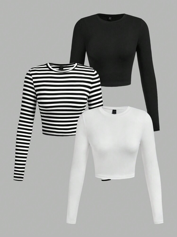SHEIN EZwear Plus Size 3pcs Set Simple Solid & Stripe Crew Neck Long Sleeve Fitted Crop Top For Women, Summer Fall Clothes | SHEIN