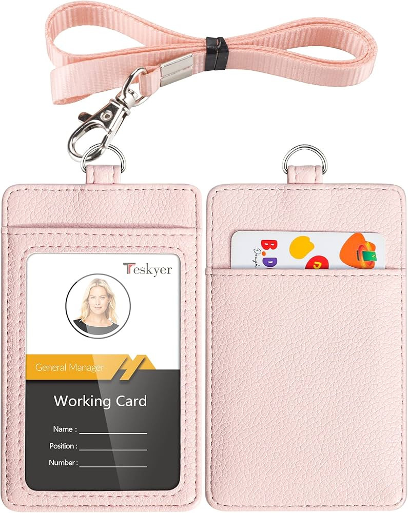 Teskyer Badge Holder with Lanyard, Leather ID Name Badge Card Holder with Lanyard for ID Badges, Vertical, Lychee Pattern Light Pink | Amazon (US)