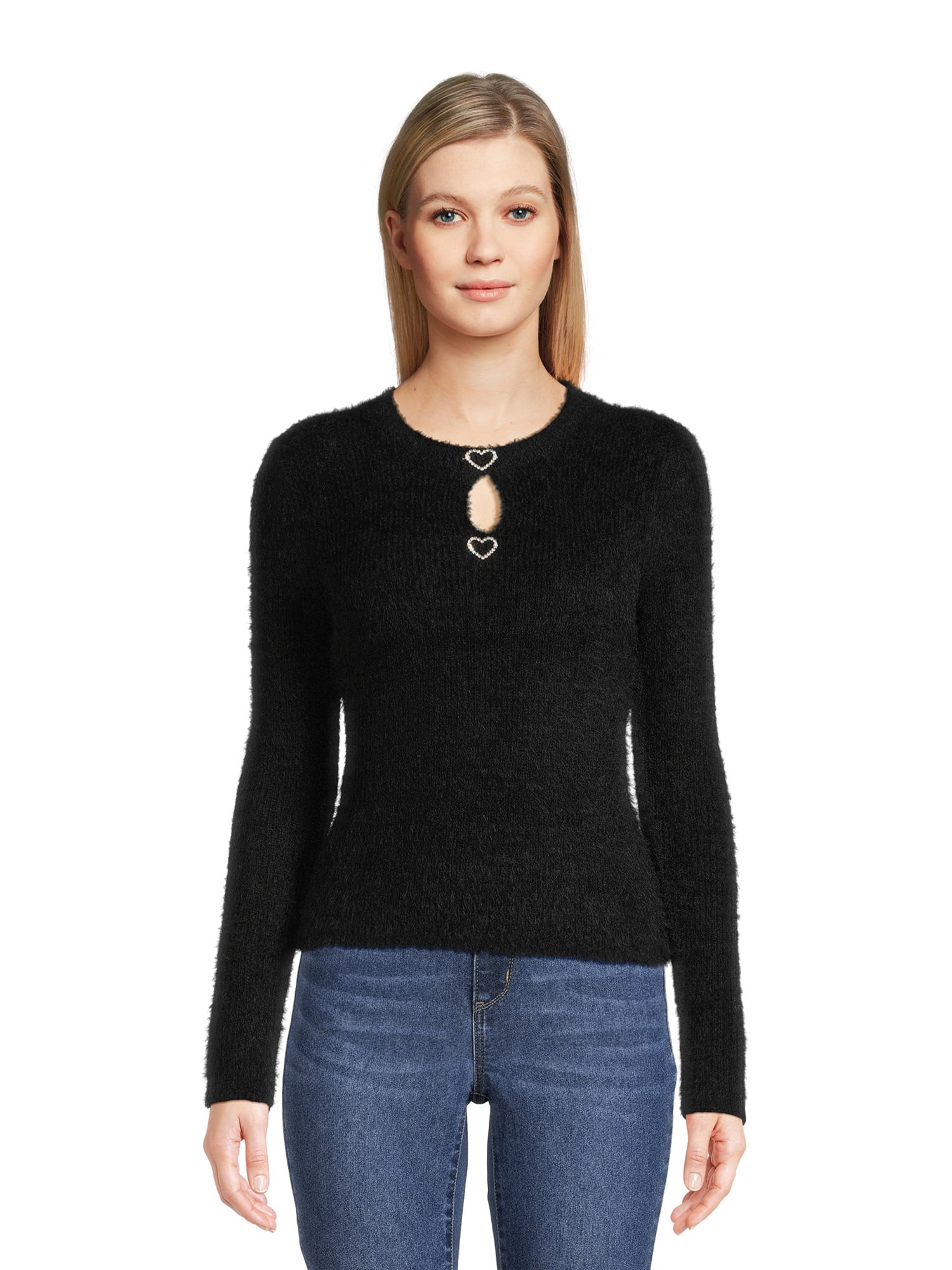 No Boundaries Juniors Rhinestone Heart Keyhole Sweater, Midweight, Sizes XS-XXXL - Walmart.com | Walmart (US)