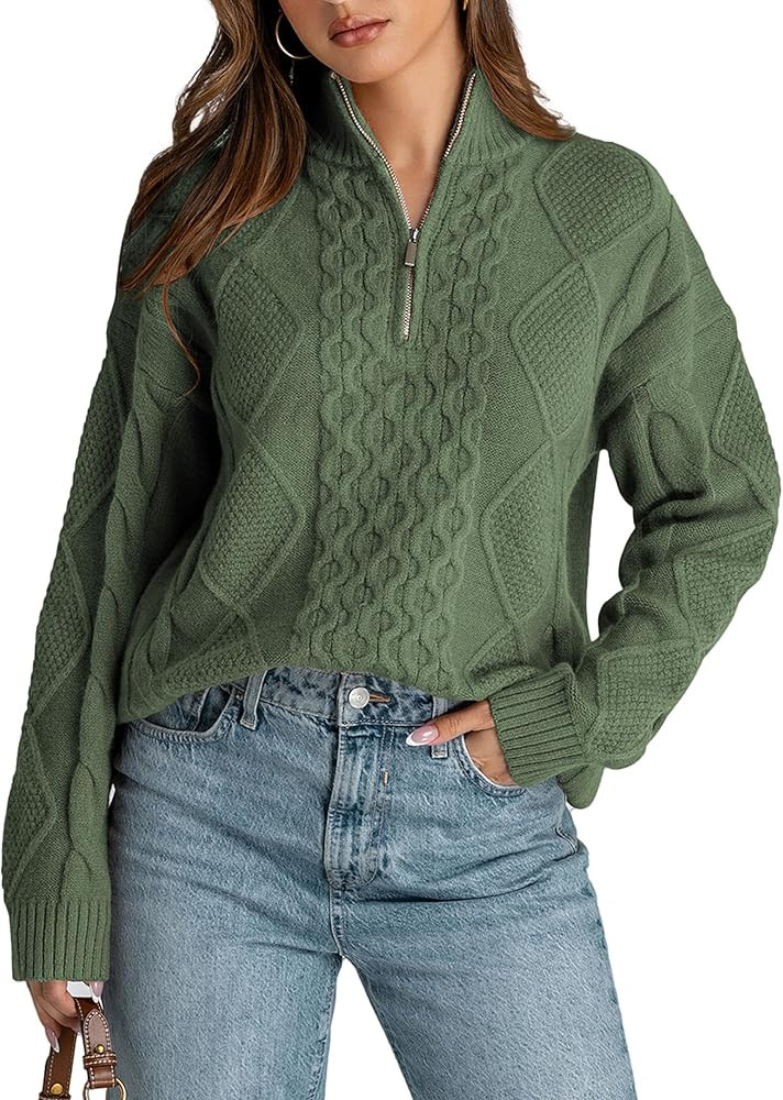 ECOWISH Pullover Sweaters for Women 2024 Fall Casual Long Sleeve Quarter Zip Turtleneck Cable Kni... | Amazon (US)