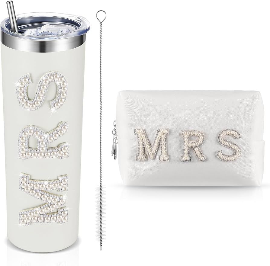 Bride Tumbler Cups Bride Gifts Makeup Bag Rhinestone Mrs Cup 20 oz Bachelorette Tumblers with Lid... | Amazon (US)