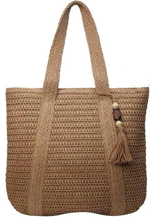 Womens Straw Tote Bag Large Woven Shoulder Bag with Tassel Casual Beach Vacation Everyday Handbag | Amazon (US)