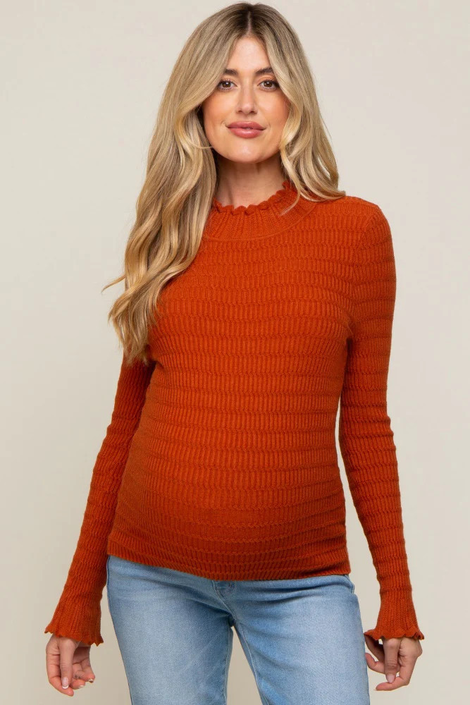 Rust Textured Knit Ruffle Mock Neck Maternity Top | PinkBlush Maternity