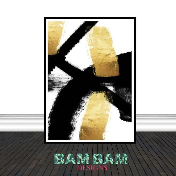 Black with Gold Foil Abstract Striped Plash Artwork, Wall Art, Living Room Decor, Modern Poster A... | Etsy (US)