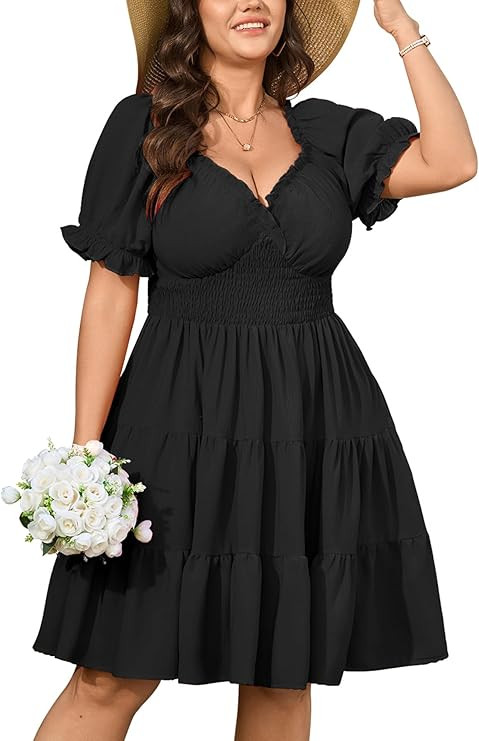 SHESTARR Plus Size Mini Dress for Women V Neck Short Puff Sleeve Smocked High Waist Tiered Ruffle... | Amazon (US)
