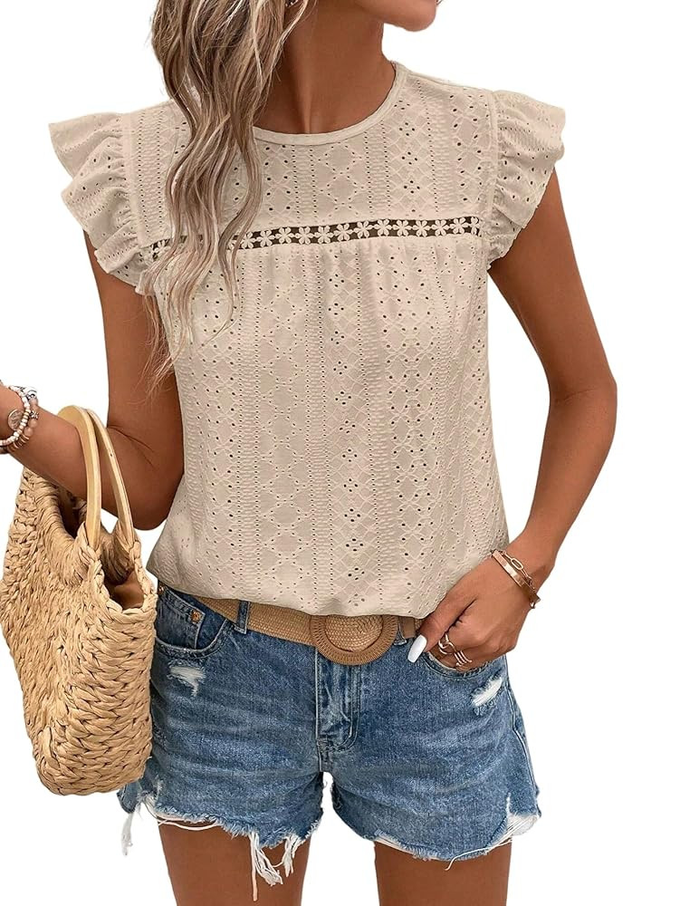 MARZXIN Casual T Shirt Women's Solid Color Round Neck Cap Sleeve Casual T-Shirt | Amazon (US)