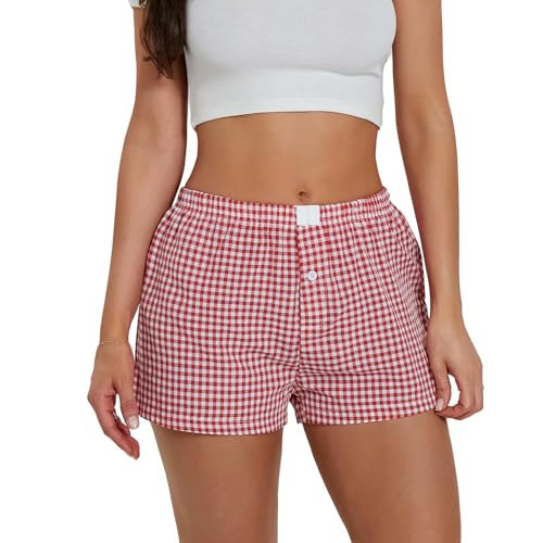 Y2k Women's Plaid Pajama Shorts Cute Elastic Waist Low Rise Checkered Bottoms Button Front Gingham Boxers Shorts Summer Soft Pj Sleepwear (A-Red, M) | Amazon (US)