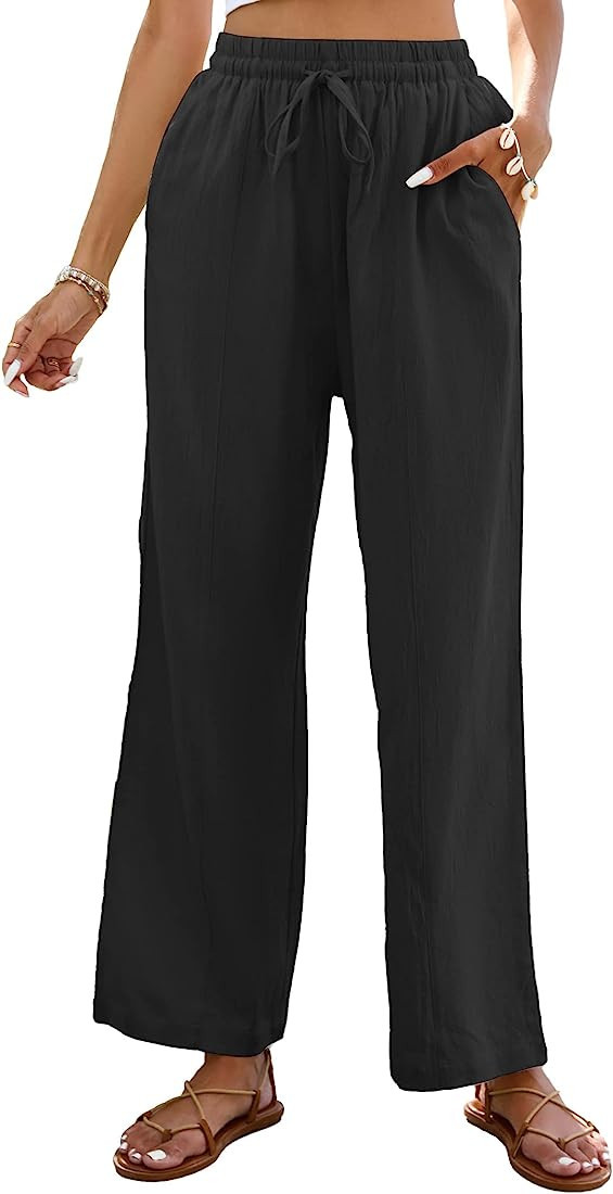 Famulily Womens Comfy Cotton Wide Leg Pants Casual Elastic High Waist Drawstring Trousers with Si... | Amazon (CA)