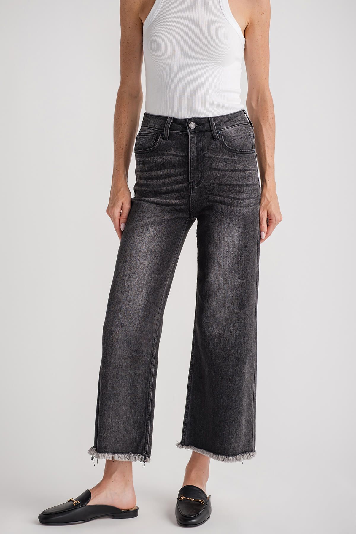 Risen Crop Washed Black Jeans | Social Threads