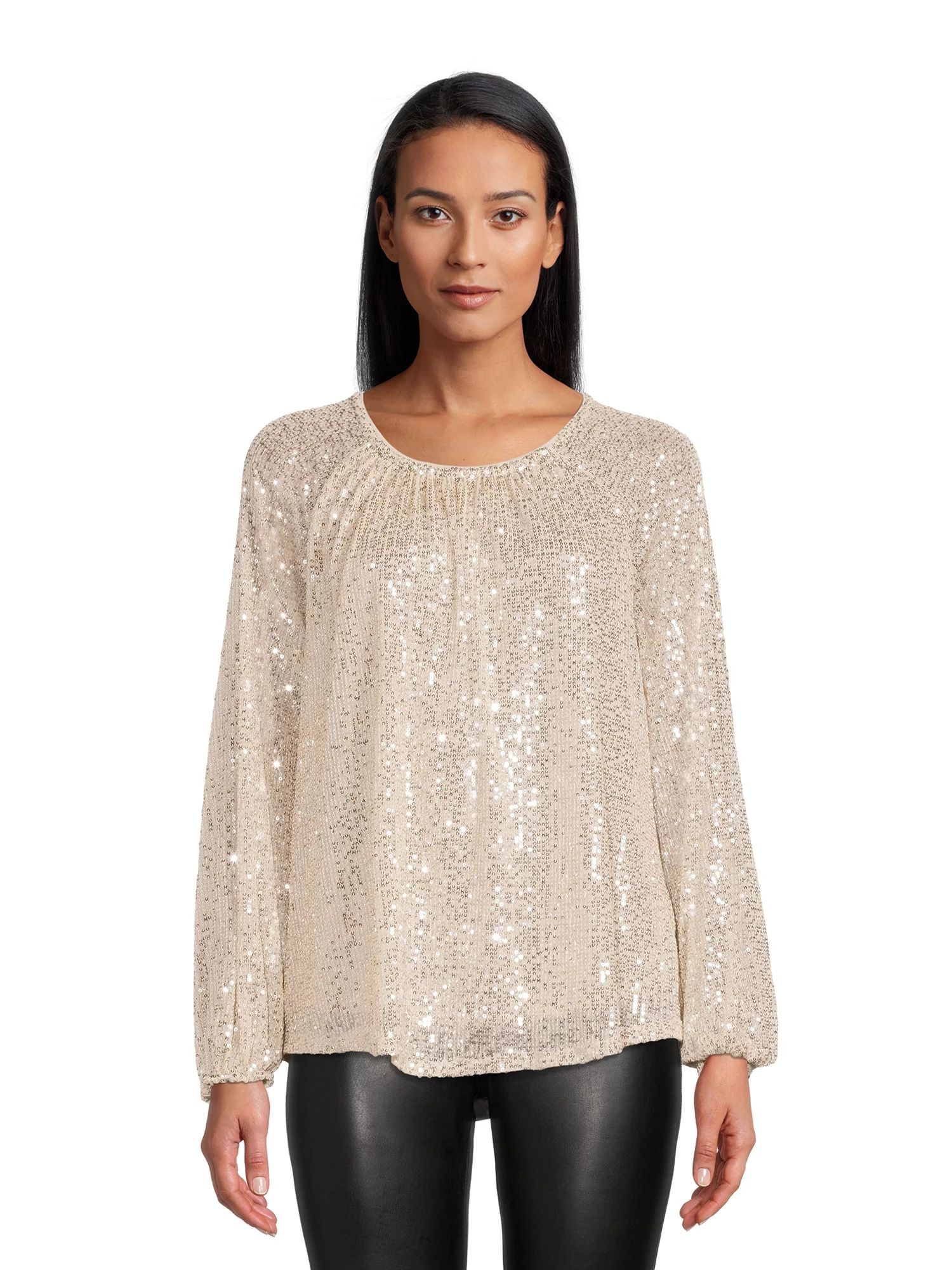 Time and Tru Women's Sequined Top with Long Sleeves | Walmart (US)