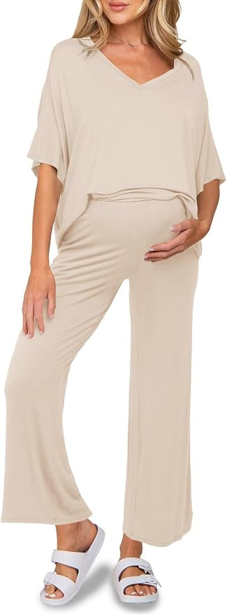Tankaneo Womens Maternity Pajamas 2 Piece Lounge Set Soft Short Sleeve V Neck T-shirt Cropped Pan... | Amazon (US)